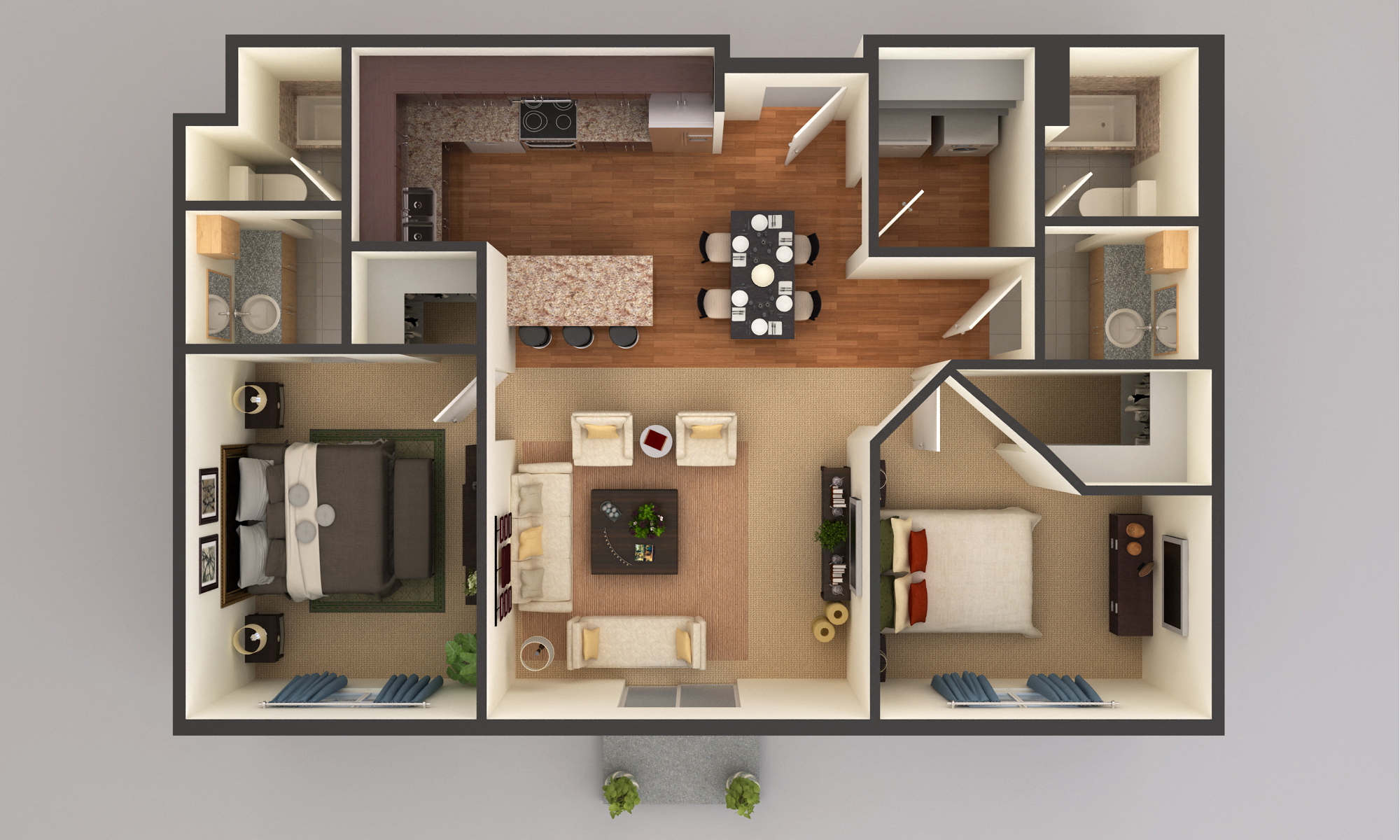 Floor plan for 2 beds, 2 baths, 1045 sqft